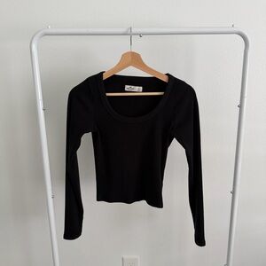 Hollister Ribbed Scoop Neck Long Sleeve Top Black